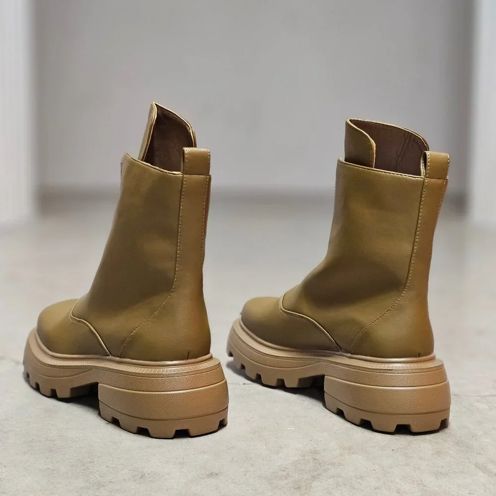Chunky Sole Olive Green Leather Ankle Boots With Front Zipper And Lug Outsole Fo - Picture 5 of 8